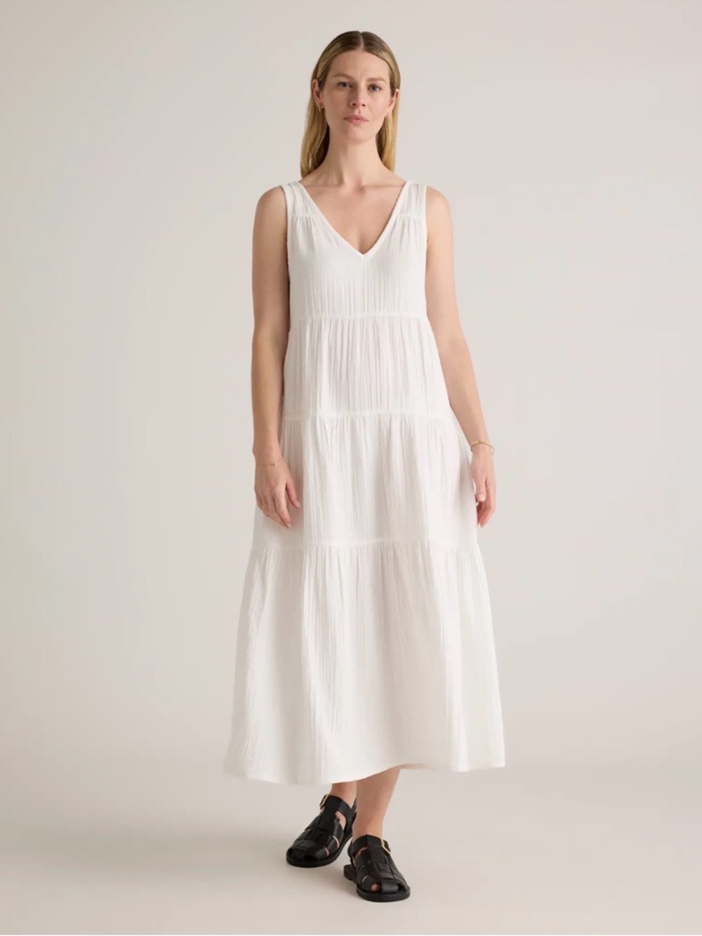 Quince White Sleeveless V-Neck Tiered Maxi Dress